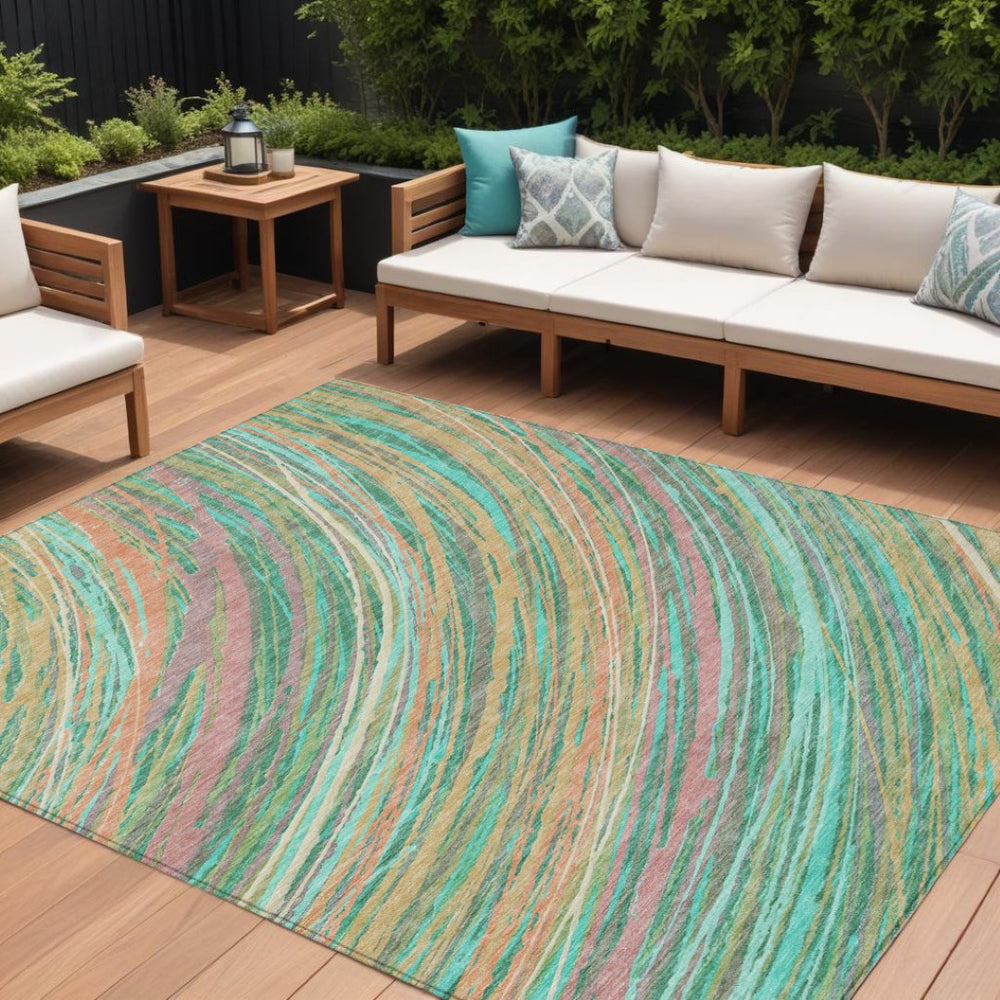 HomeRoots 5' Vibrant Abstract Teal Blue Pink Peach Area Rug – Washable Indoor Outdoor Floor Decor for All Spaces 9' X 12' 631255