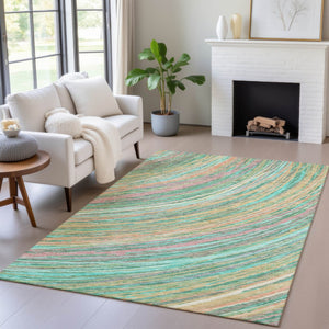 HomeRoots 5' Vibrant Abstract Teal Blue Pink Peach Area Rug – Washable Indoor Outdoor Floor Decor for All Spaces 10' X 14' 631256