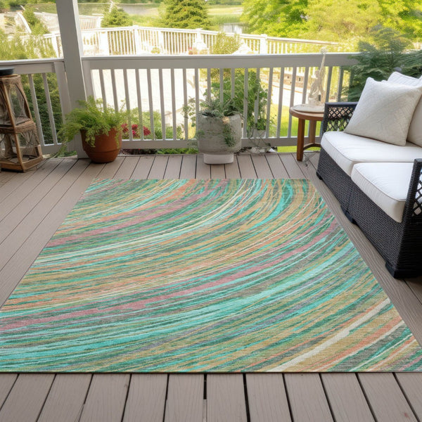 HomeRoots 5' Vibrant Abstract Teal Blue Pink Peach Area Rug – Washable Indoor Outdoor Floor Decor for All Spaces 10' X 14' 631256