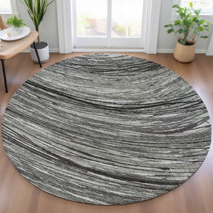 HomeRoots 5' Stylish Abstract Indoor/Outdoor Area Rug in Taupe, Charcoal, and Ivory - Washable & Durable Design 8' Round 631259