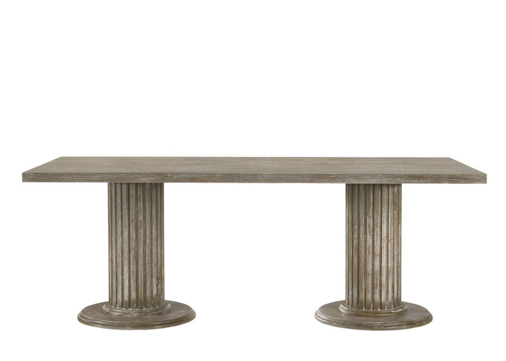 HomeRoots 84 Inch Gray Wood Double Pedestal Dining Table Seats Eight for Formal Gatherings 631265