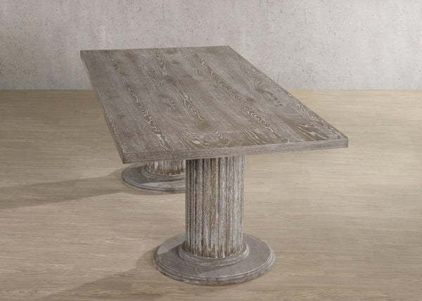 84 Inch Gray Wood Double Pedestal Dining Table Seats Eight for Formal Gatherings