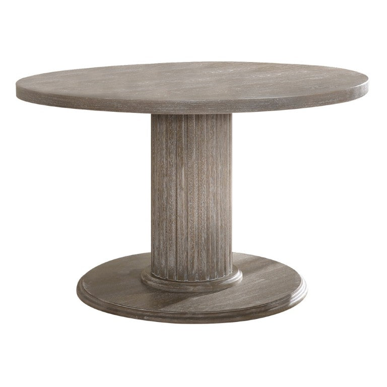 HomeRoots 47 Inch Round Gray Wood Dining Table with Sculptural Pedestal Base for Modern Homes 631270