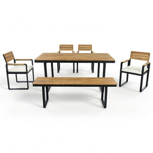 English Elm 6-piece Outdoor Acacia Wood Patio Dining Set with Cushioned Chairs Bench Steel Frame Beige N704G201255A