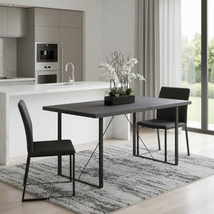 64 Inch Iron Sled Base Dining Table Solid Wood Top Seats Six Industrial Style