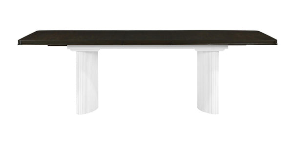 HomeRoots 78 Inch Extendable Two Pedestal Dining Table in Walnut Finish with Removable Leaf 631297