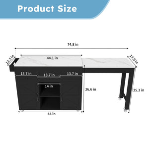 English Elm 74.8" Rolling Kitchen Island Extendable Marble Veneer Top with Power Outlet and Storage W2700S00106