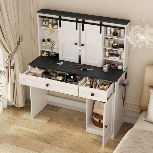 English Elm Farmhouse Vanity Table with Lighted Mirror Drawers and Hair Tool Storage for Bedroom W1321P423102
