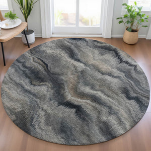 HomeRoots 5' Gray and Silver Abstract Washable Area Rug for Indoor and Outdoor Spaces – Durable, Modern Design 8' Round 631307