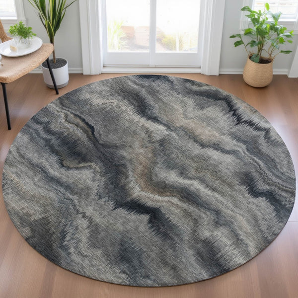 HomeRoots 5' Gray and Silver Abstract Washable Area Rug for Indoor and Outdoor Spaces – Durable, Modern Design 8' Round 631307