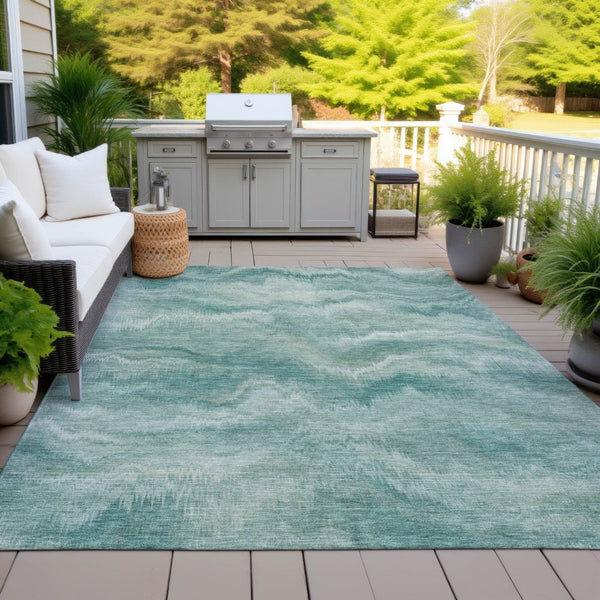 HomeRoots 5' Stylish Teal Blue and Ivory Abstract Indoor Outdoor Area Rug for Easy Care and Versatile Use 5' X 8' 631318