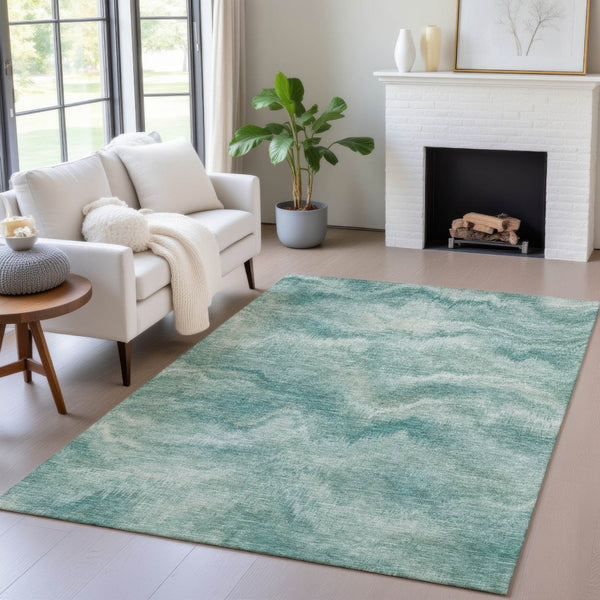 HomeRoots 5' Stylish Teal Blue and Ivory Abstract Indoor Outdoor Area Rug for Easy Care and Versatile Use 5' X 8' 631318