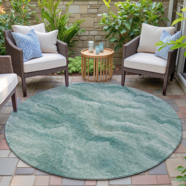 HomeRoots 5' Stylish Teal Blue and Ivory Abstract Indoor Outdoor Area Rug for Easy Care and Versatile Use 8' Round 631319