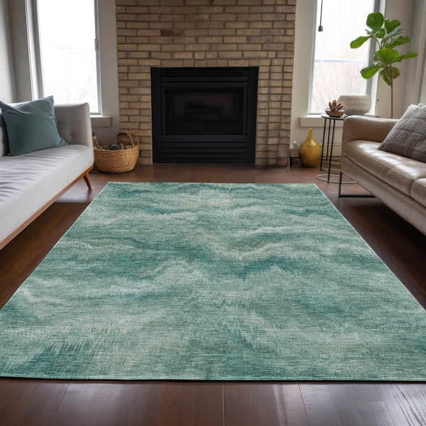 HomeRoots 5' Stylish Teal Blue and Ivory Abstract Indoor Outdoor Area Rug for Easy Care and Versatile Use 10' X 14' 631322