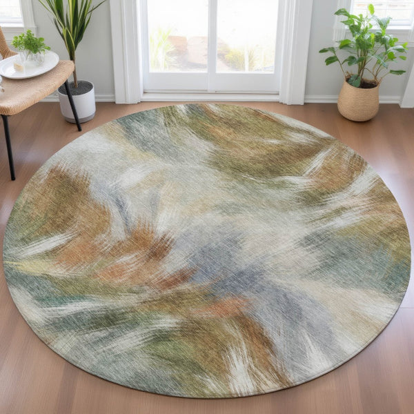 HomeRoots 5' Beige and Copper Abstract Area Rug - Stylish, Washable Indoor/Outdoor Rug for High-Traffic Spaces 8' Round 631331