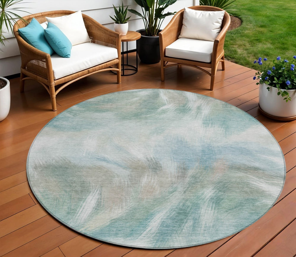 HomeRoots 5' Sky Blue and Ivory Abstract Indoor Outdoor Area Rug – Durable, Stylish, Machine Washable Design 8' Round 631355