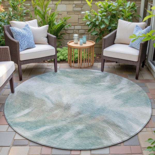 HomeRoots 5' Sky Blue and Ivory Abstract Indoor Outdoor Area Rug – Durable, Stylish, Machine Washable Design 8' Round 631355