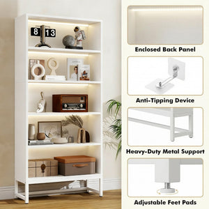 English Elm Tall Five Tier Bookcase with Led Shelf Lighting White Mdf Frame Living Room Display W3204P454083