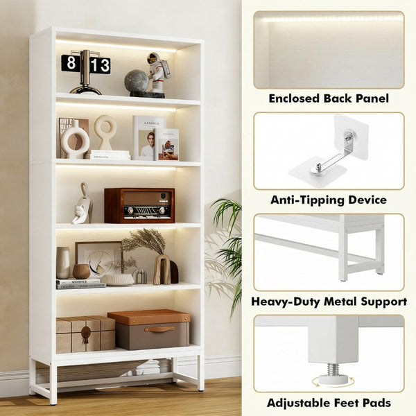 English Elm Tall Five Tier Bookcase with Led Shelf Lighting White Mdf Frame Living Room Display W3204P454083