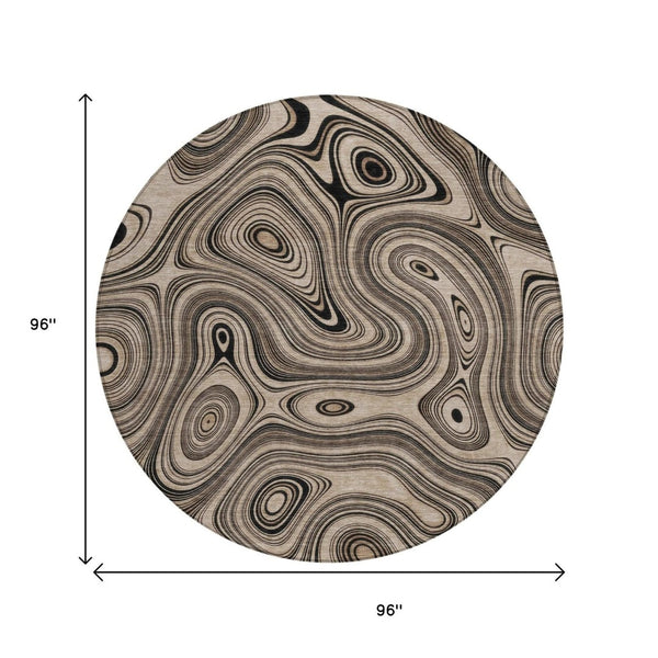 HomeRoots 5' Beige and Charcoal Geometric Washable Area Rug for Indoor and Outdoor High-Traffic Use 8' Round 631367