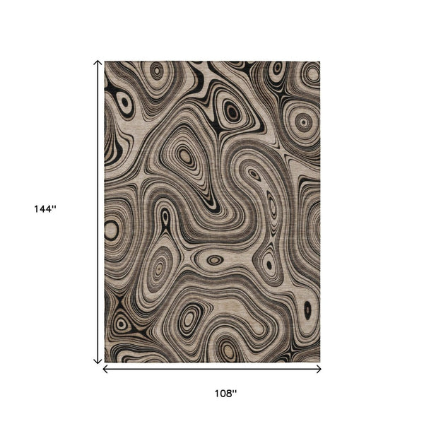 HomeRoots 5' Beige and Charcoal Geometric Washable Area Rug for Indoor and Outdoor High-Traffic Use 9' X 12' 631369