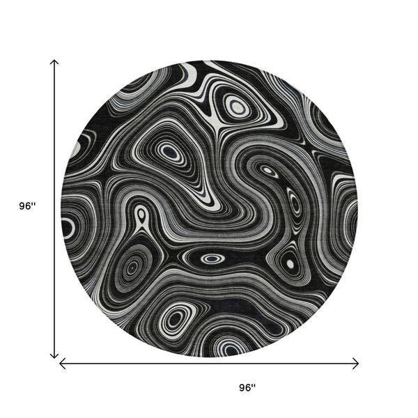 HomeRoots 5' Modern Black and Ivory Geometric Washable Area Rug for Indoor and Outdoor High-Traffic Spaces 8' Round 631373
