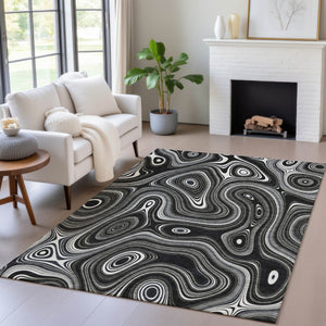 HomeRoots 5' Modern Black and Ivory Geometric Washable Area Rug for Indoor and Outdoor High-Traffic Spaces 8' X 10' 631374