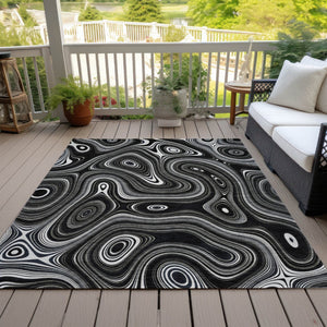 HomeRoots 5' Modern Black and Ivory Geometric Washable Area Rug for Indoor and Outdoor High-Traffic Spaces 8' X 10' 631374