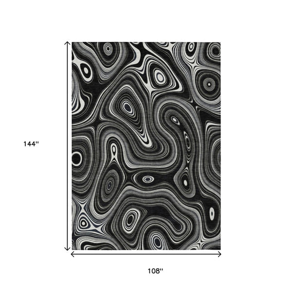 HomeRoots 5' Modern Black and Ivory Geometric Washable Area Rug for Indoor and Outdoor High-Traffic Spaces 9' X 12' 631375