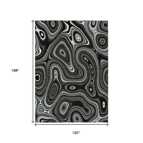 HomeRoots 5' Modern Black and Ivory Geometric Washable Area Rug for Indoor and Outdoor High-Traffic Spaces 10' X 14' 631376