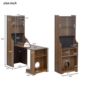 English Elm Modern Wooden Foldable Desk with Hutch Walnut Mid-Century Extendable Workstation LED Shelves Cat Bed N843MP001W