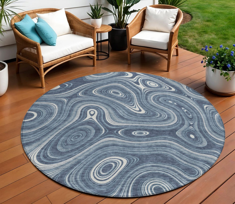 HomeRoots 5' Stylish Blue and Ivory Geometric Area Rug – Durable, Washable, Perfect for Indoor and Outdoor Use 8' Round 631379