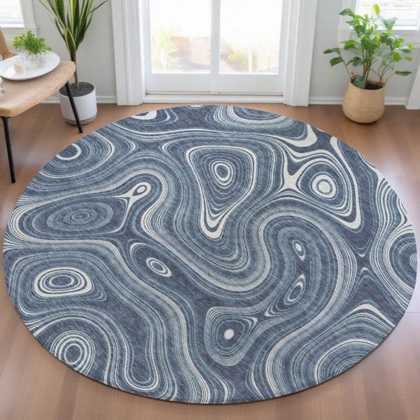 HomeRoots 5' Stylish Blue and Ivory Geometric Area Rug – Durable, Washable, Perfect for Indoor and Outdoor Use 8' Round 631379
