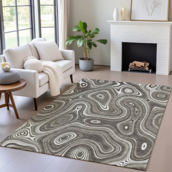 HomeRoots 5' Stylish Gray and Ivory Geometric Area Rug - Durable, Washable Design for Indoor and Outdoor Use 5' X 8' 631384