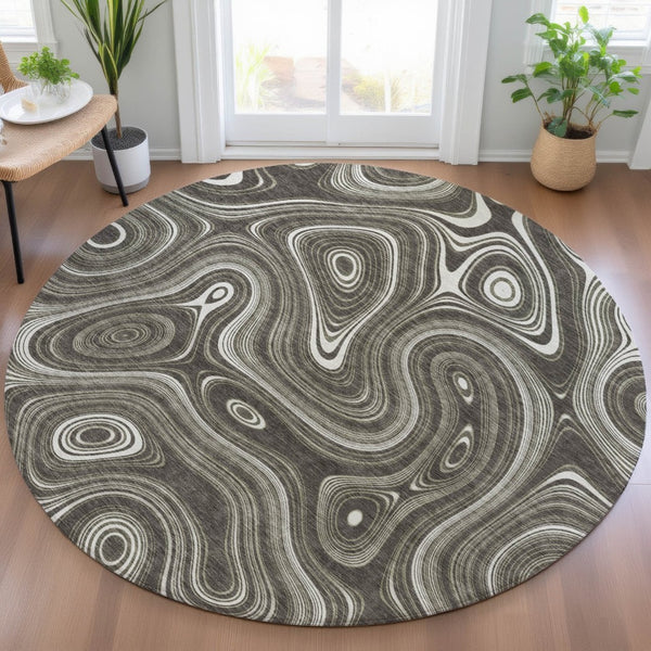 HomeRoots 5' Stylish Gray and Ivory Geometric Area Rug - Durable, Washable Design for Indoor and Outdoor Use 8' Round 631385