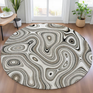 HomeRoots 5' Ivory and Charcoal Geometric Indoor Outdoor Area Rug – Durable, Washable, Modern Design for Any Space 8' Round 631391