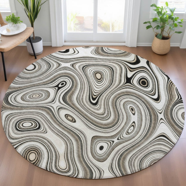 HomeRoots 5' Ivory and Charcoal Geometric Indoor Outdoor Area Rug – Durable, Washable, Modern Design for Any Space 8' Round 631391