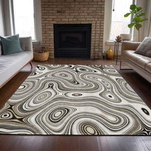 HomeRoots 5' Ivory and Charcoal Geometric Indoor Outdoor Area Rug – Durable, Washable, Modern Design for Any Space 8' X 10' 631392