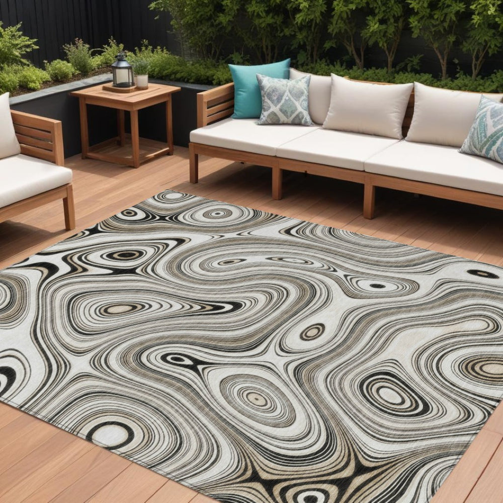 HomeRoots 5' Ivory and Charcoal Geometric Indoor Outdoor Area Rug – Durable, Washable, Modern Design for Any Space 9' X 12' 631393