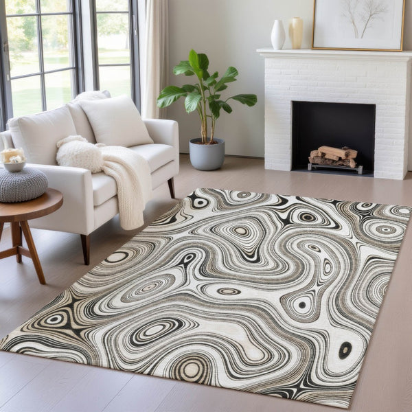 HomeRoots 5' Ivory and Charcoal Geometric Indoor Outdoor Area Rug – Durable, Washable, Modern Design for Any Space 10' X 14' 631394