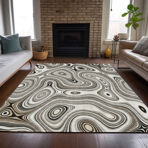 HomeRoots 5' Ivory and Charcoal Geometric Indoor Outdoor Area Rug – Durable, Washable, Modern Design for Any Space 10' X 14' 631394