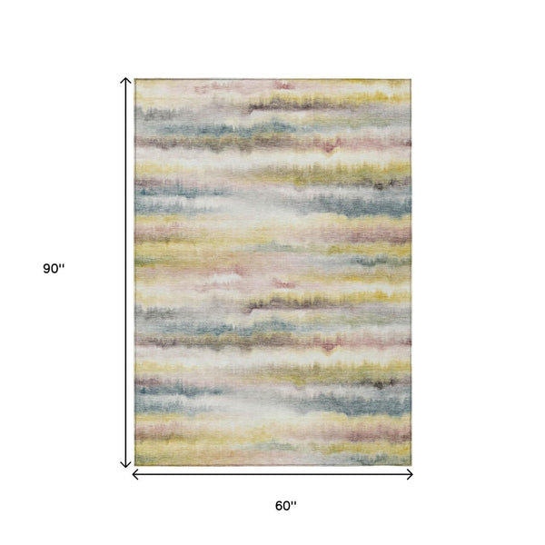 HomeRoots 5' Coastal-Inspired Gold Gray and Ivory Striped Washable Area Rug for Indoor and Outdoor Spaces 5' X 8' 631408