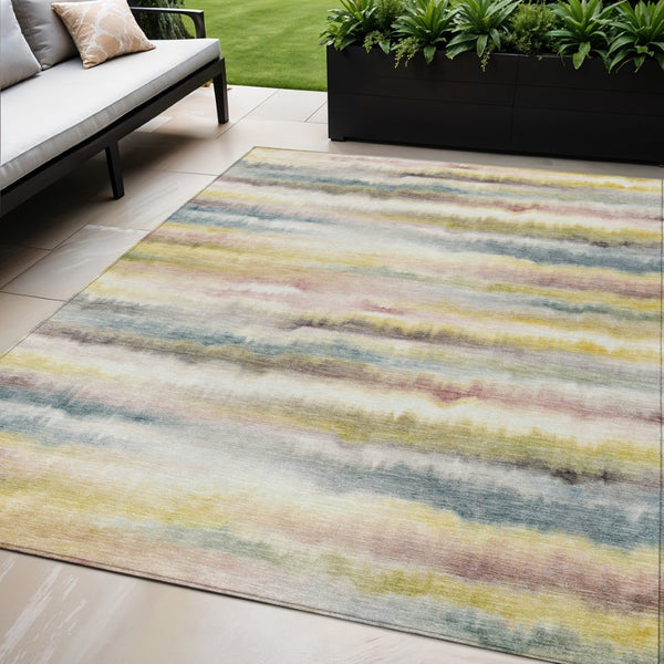 HomeRoots 5' Coastal-Inspired Gold Gray and Ivory Striped Washable Area Rug for Indoor and Outdoor Spaces 5' X 8' 631408