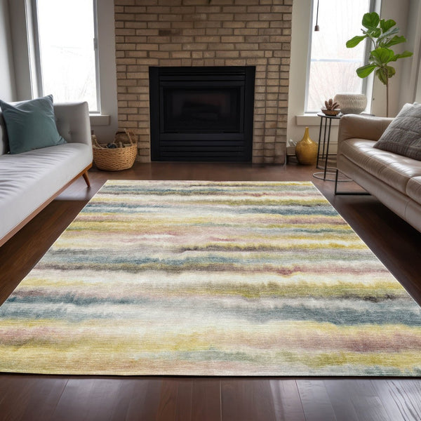 HomeRoots 5' Coastal-Inspired Gold Gray and Ivory Striped Washable Area Rug for Indoor and Outdoor Spaces 5' X 8' 631408