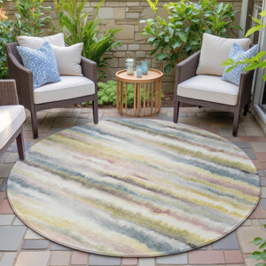 HomeRoots 5' Coastal-Inspired Gold Gray and Ivory Striped Washable Area Rug for Indoor and Outdoor Spaces 8' Round 631409