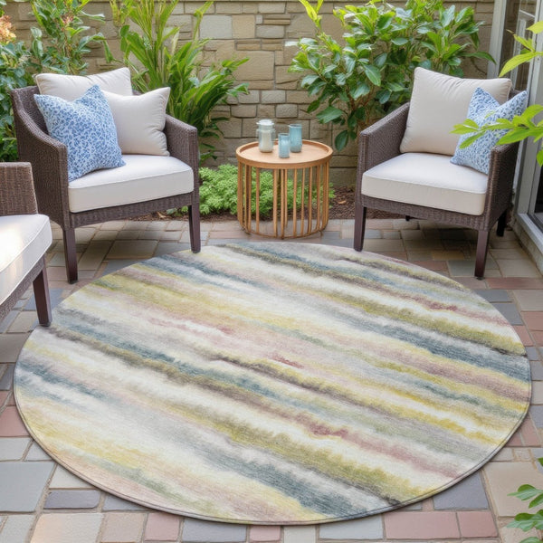 HomeRoots 5' Coastal-Inspired Gold Gray and Ivory Striped Washable Area Rug for Indoor and Outdoor Spaces 8' Round 631409