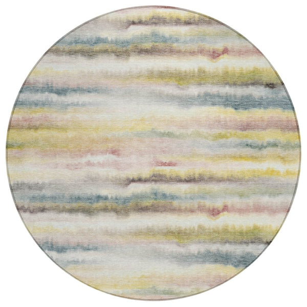 HomeRoots 5' Coastal-Inspired Gold Gray and Ivory Striped Washable Area Rug for Indoor and Outdoor Spaces 8' Round 631409