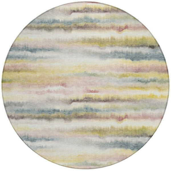 HomeRoots 5' Coastal-Inspired Gold Gray and Ivory Striped Washable Area Rug for Indoor and Outdoor Spaces 8' Round 631409