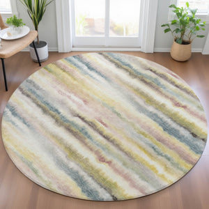 HomeRoots 5' Coastal-Inspired Gold Gray and Ivory Striped Washable Area Rug for Indoor and Outdoor Spaces 8' Round 631409