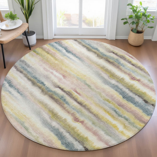 HomeRoots 5' Coastal-Inspired Gold Gray and Ivory Striped Washable Area Rug for Indoor and Outdoor Spaces 8' Round 631409